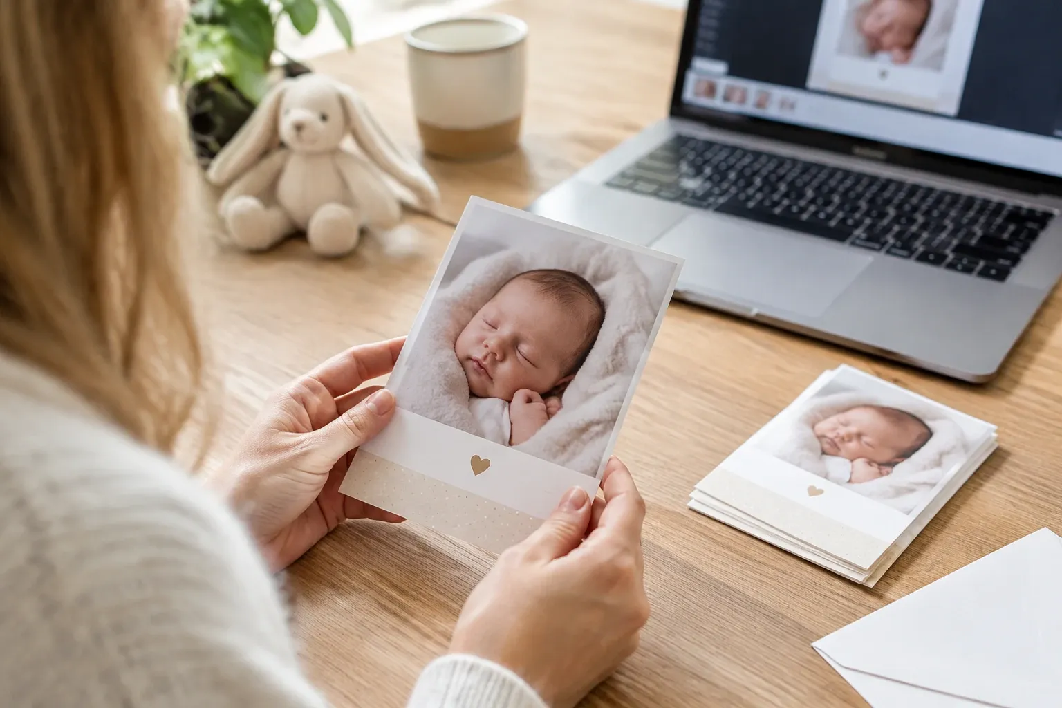 Vrouw houdt geboortekaartje met slapende pasgeboren baby, laptop en stapel kaarten zichtbaar